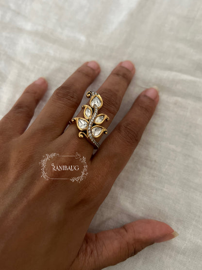 Aarohi Kundan Polki Gold Finish Leaf Ring Jewelry By Ranibaug