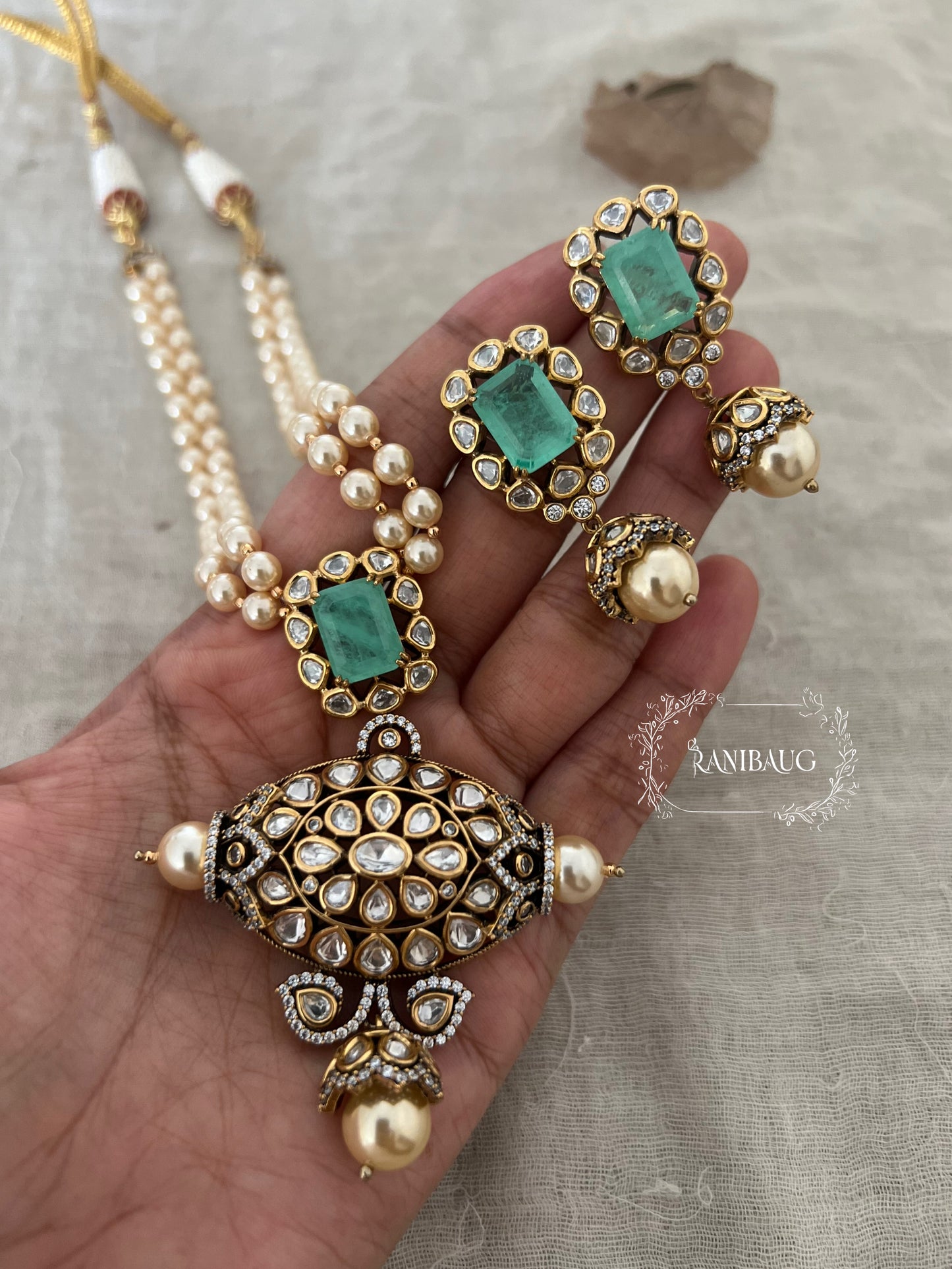 Aarohi Long Gemstone Bold Necklace With Pearls And Polki By Ranibaug