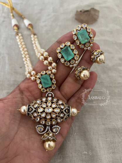 Aarohi Long Gemstone Bold Necklace With Pearls And Polki By Ranibaug
