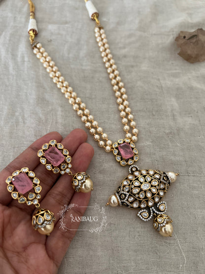 Aarohi Long Gemstone Bold Necklace With Pearls And Polki By Ranibaug