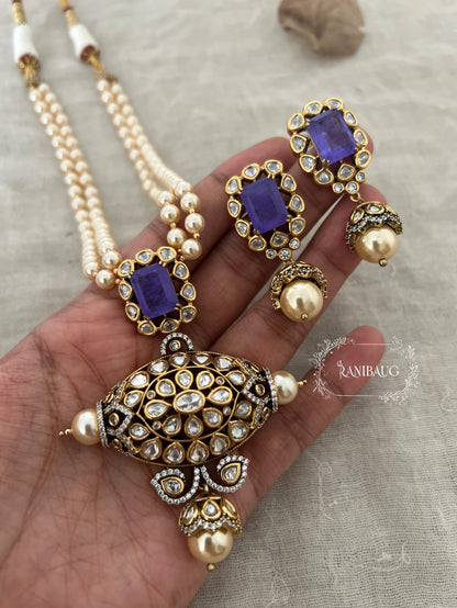 Aarohi Long Gemstone Bold Necklace With Pearls And Polki By Ranibaug