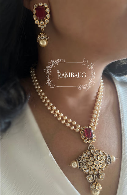 Aarohi Long Gemstone Bold Necklace With Pearls And Polki By Ranibaug