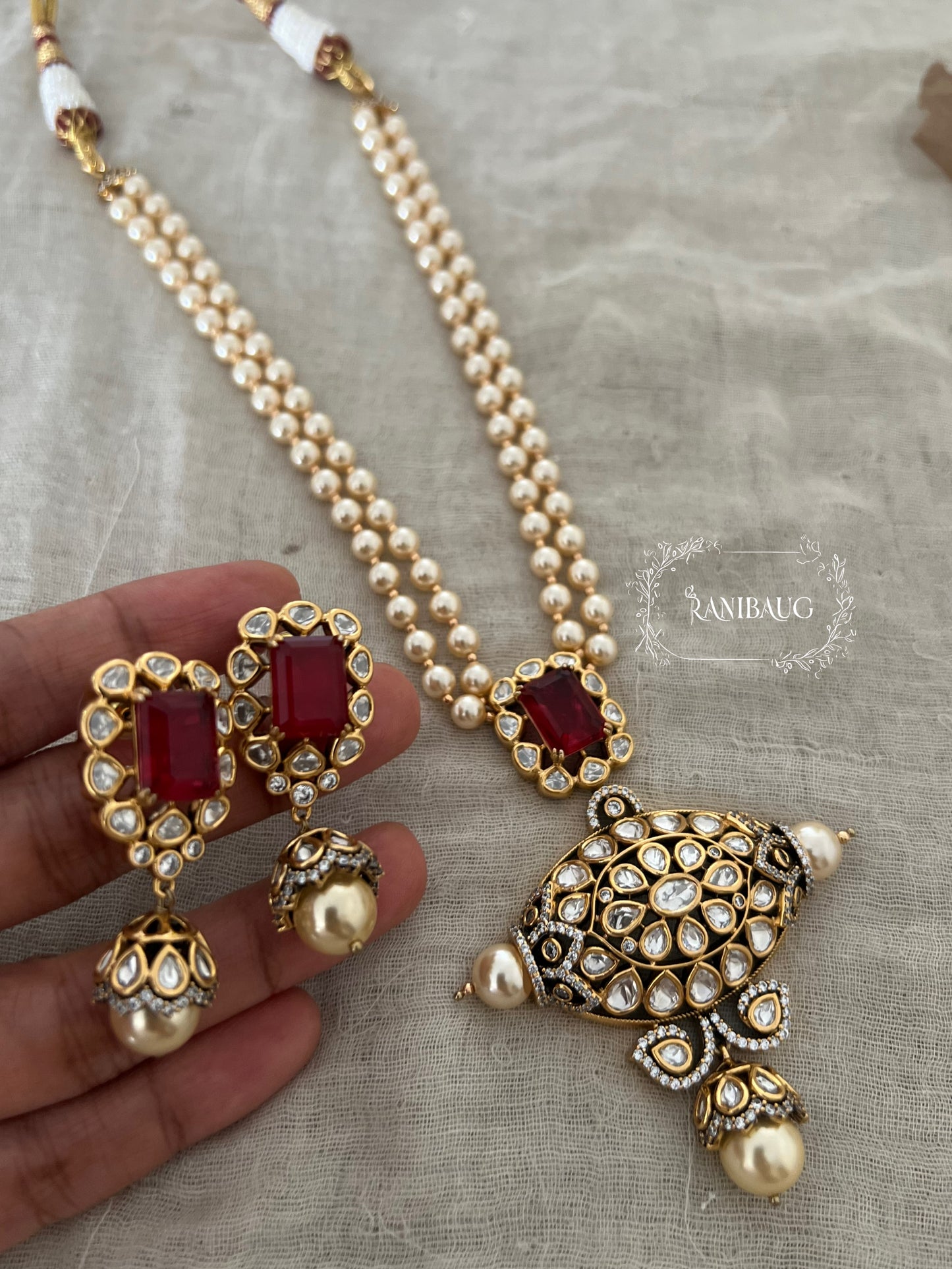 Aarohi Long Gemstone Bold Necklace With Pearls And Polki By Ranibaug