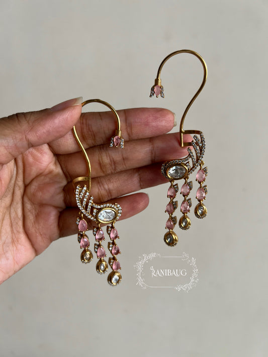 Aarunya Gold Finish Polki Studded Gemstone Fall Motif Designer Modern Earcuff Jewelry By Ranibaug