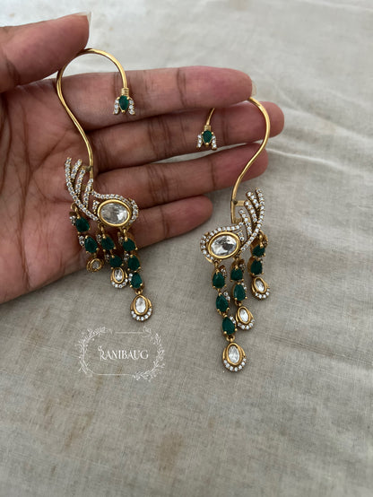 Aarunya Gold Finish Polki Studded Gemstone Fall Motif Designer Modern Earcuff Jewelry By Ranibaug
