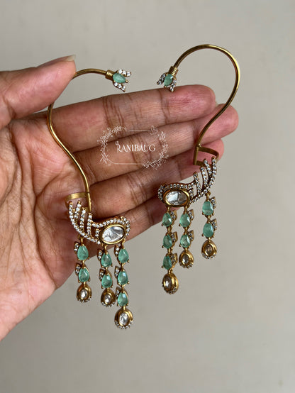 Aarunya Gold Finish Polki Studded Gemstone Fall Motif Designer Modern Earcuff Jewelry By Ranibaug