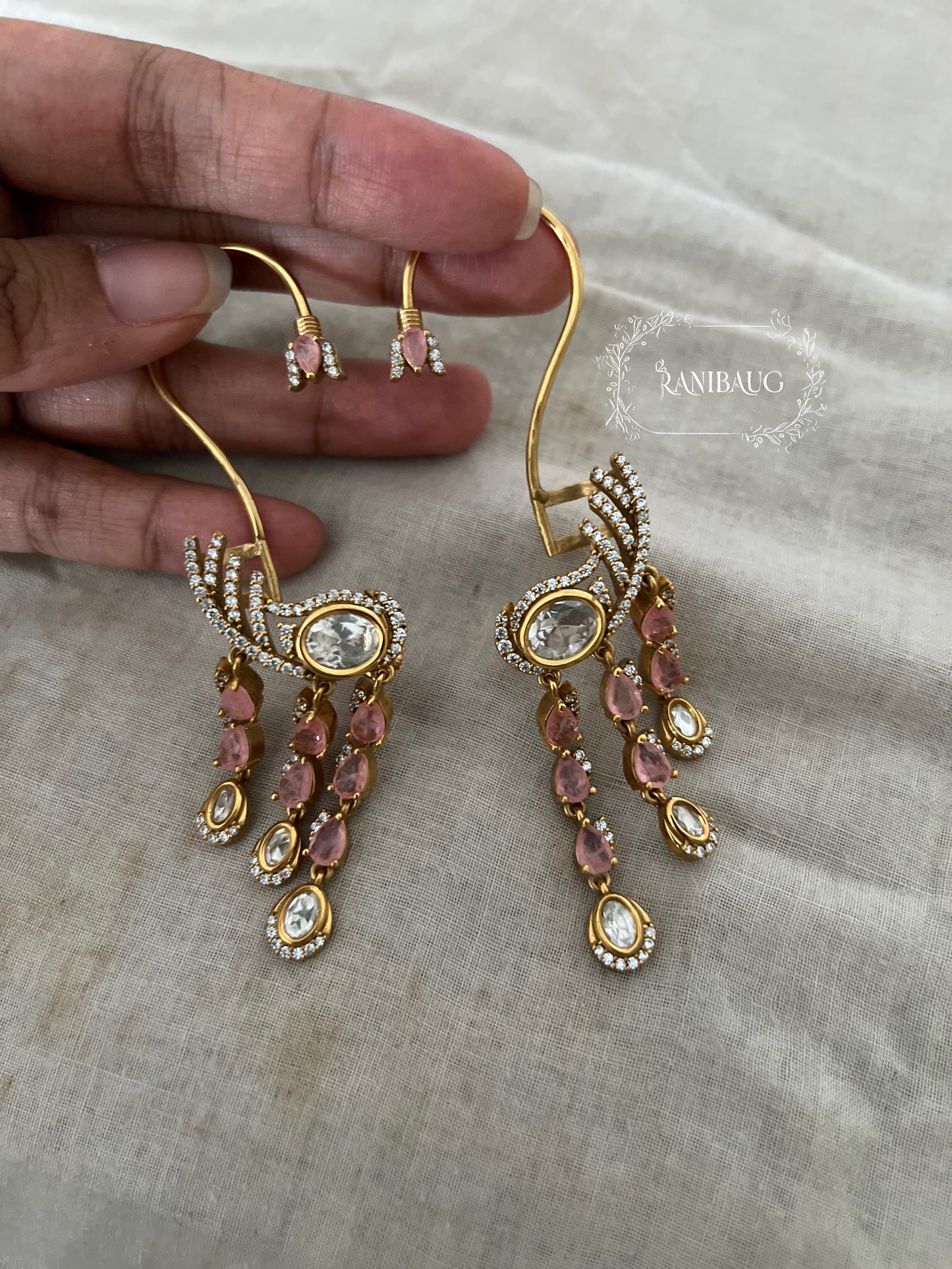 Aarunya Gold Finish Polki Studded Gemstone Fall Motif Designer Modern Earcuff Jewelry By Ranibaug
