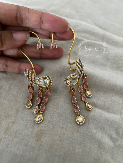 Aarunya Gold Finish Polki Studded Gemstone Fall Motif Designer Modern Earcuff Jewelry By Ranibaug