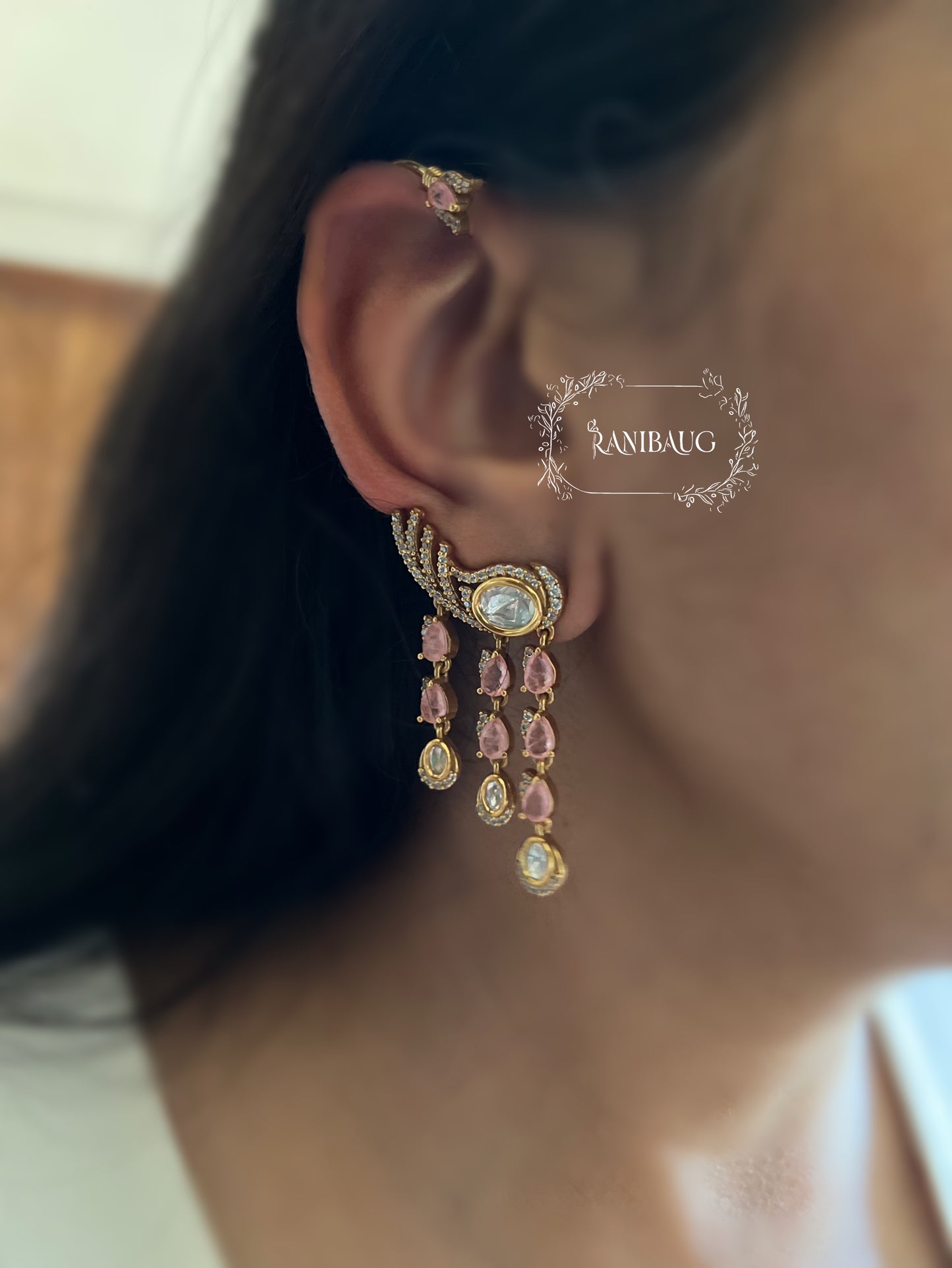 Aarunya Gold Finish Polki Studded Gemstone Fall Motif Designer Modern Earcuff Jewelry By Ranibaug