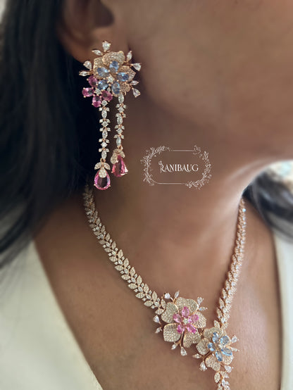 Aarvi Designer Floral Motif Drop Silhouette Premium Finish Diamond Necklace Jewellery Set By Ranibaug