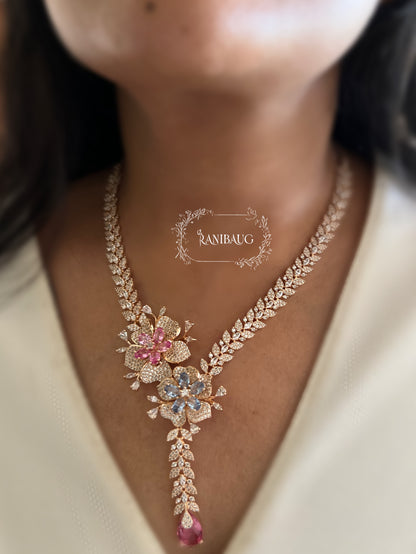 Aarvi Designer Floral Motif Drop Silhouette Premium Finish Diamond Necklace Jewellery Set By Ranibaug