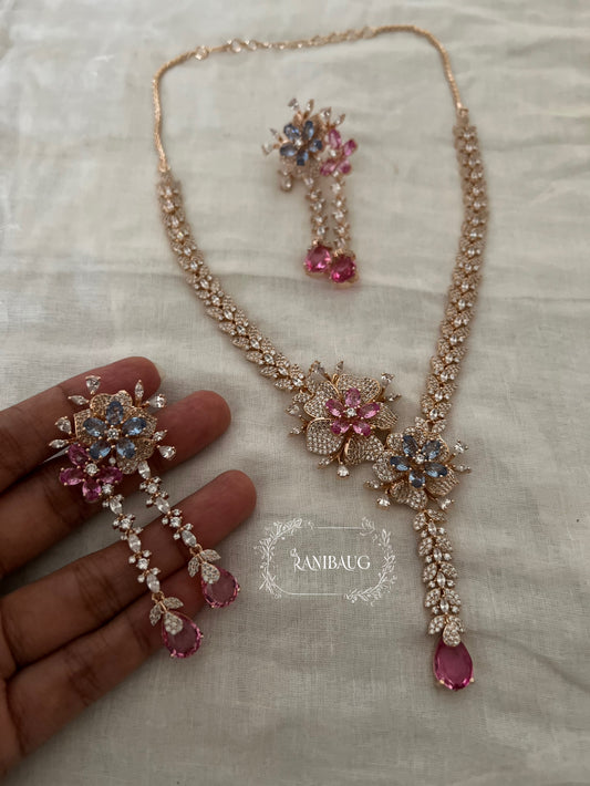 Aarvi Designer Floral Motif Drop Silhouette Premium Finish Diamond Necklace Jewellery Set By Ranibaug