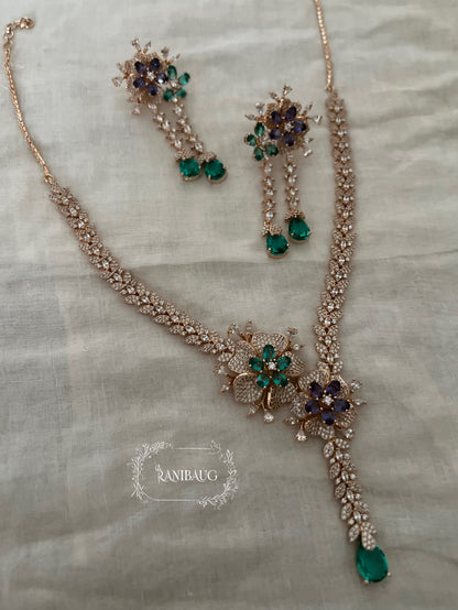 Aarvi Designer Floral Motif Drop Silhouette Premium Finish Diamond Necklace Jewellery Set By Ranibaug