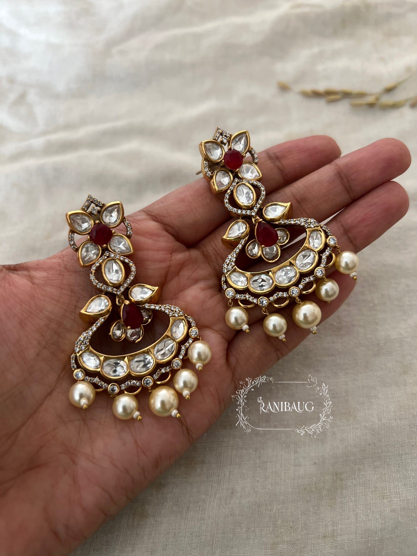 Aashi Antique Gold Kundan Premium Chandbali Earrings  By Ranibaug