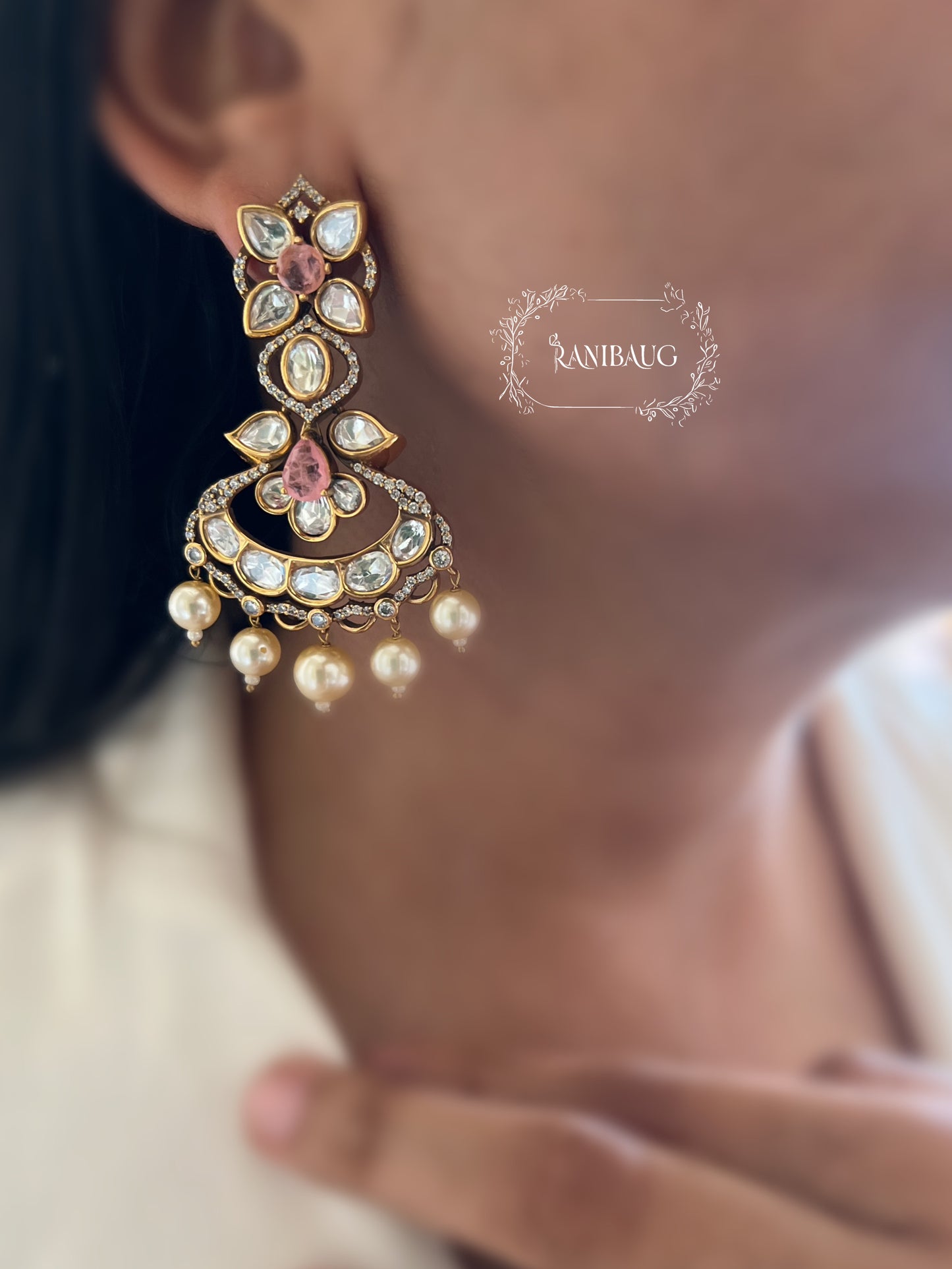 Aashi Antique Gold Kundan Premium Chandbali Earrings  By Ranibaug