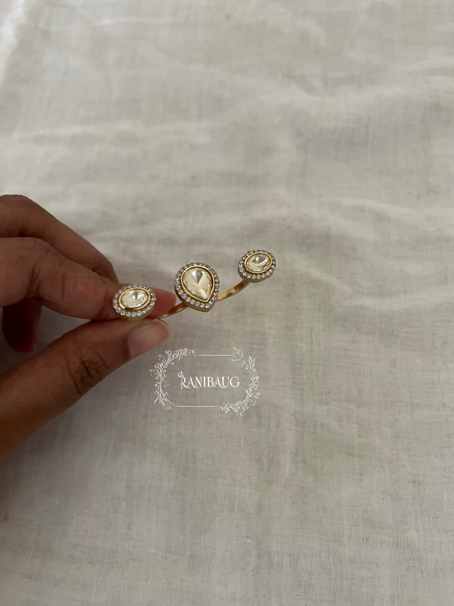 Aashika Classic Polki Gold Finish Two Finger Ring Jewelry By Ranibaug
