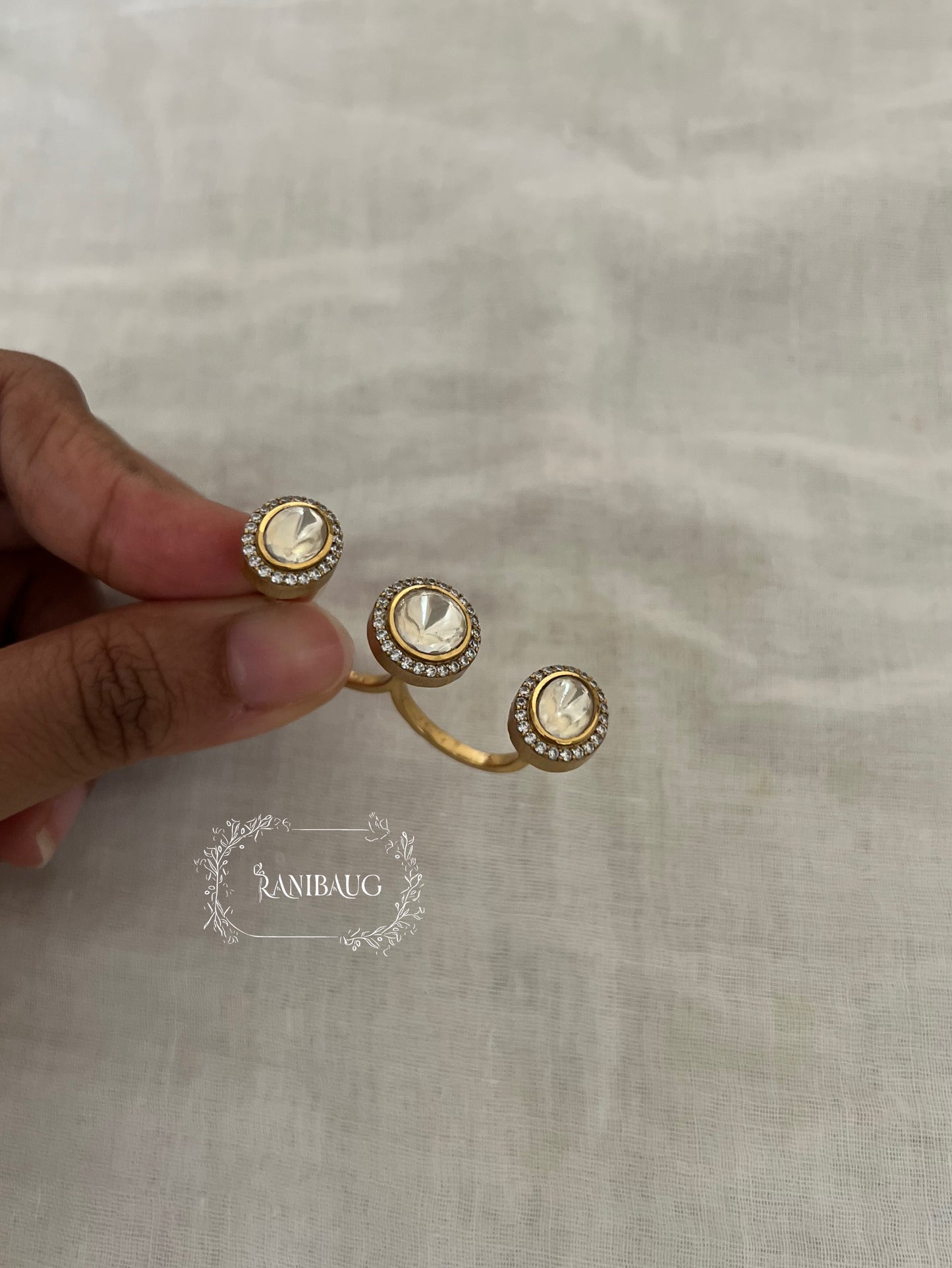Aashika Classic Polki Gold Finish Two Finger Ring Jewelry By Ranibaug