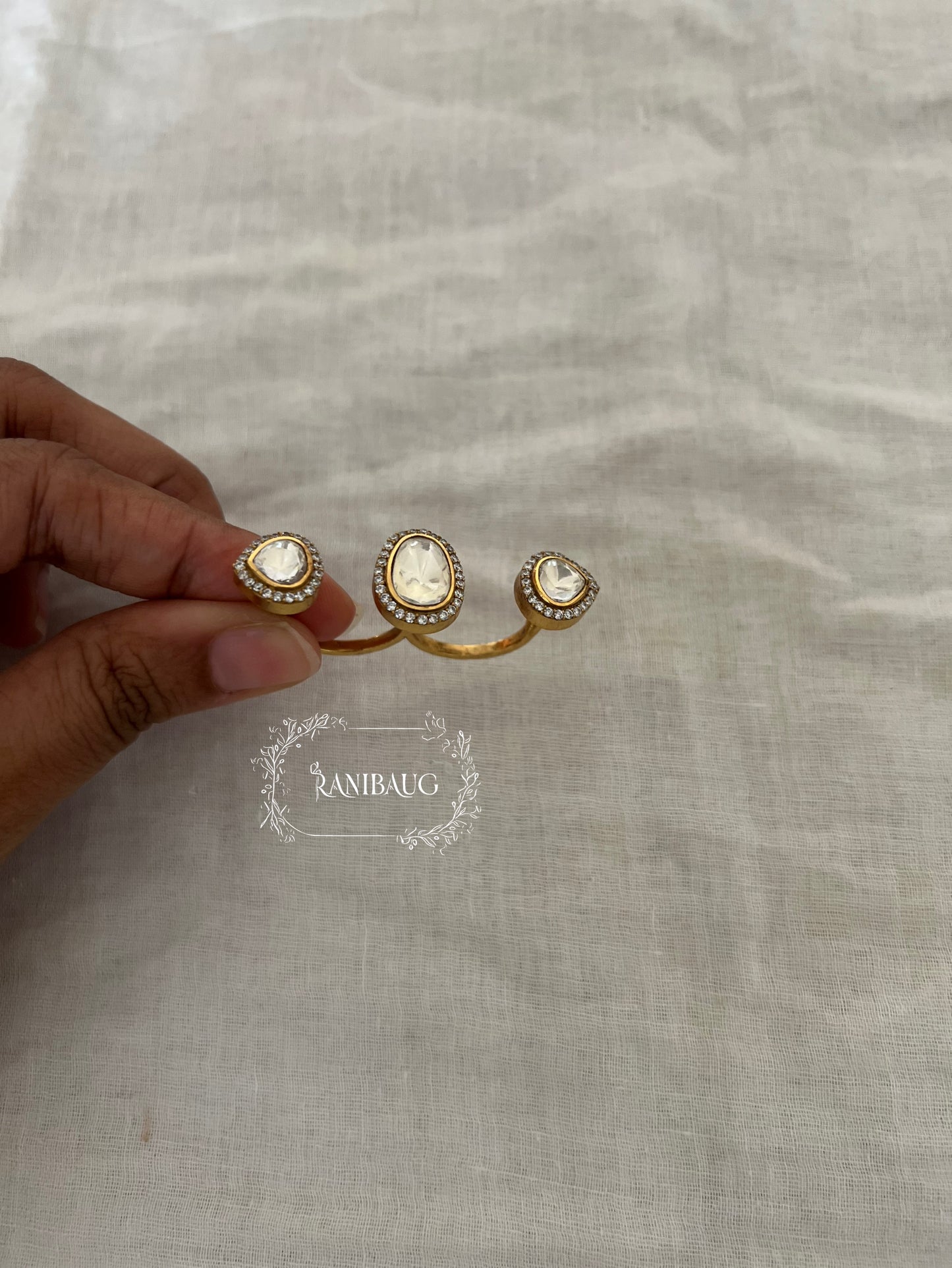 Aashika Classic Polki Gold Finish Two Finger Ring Jewelry By Ranibaug