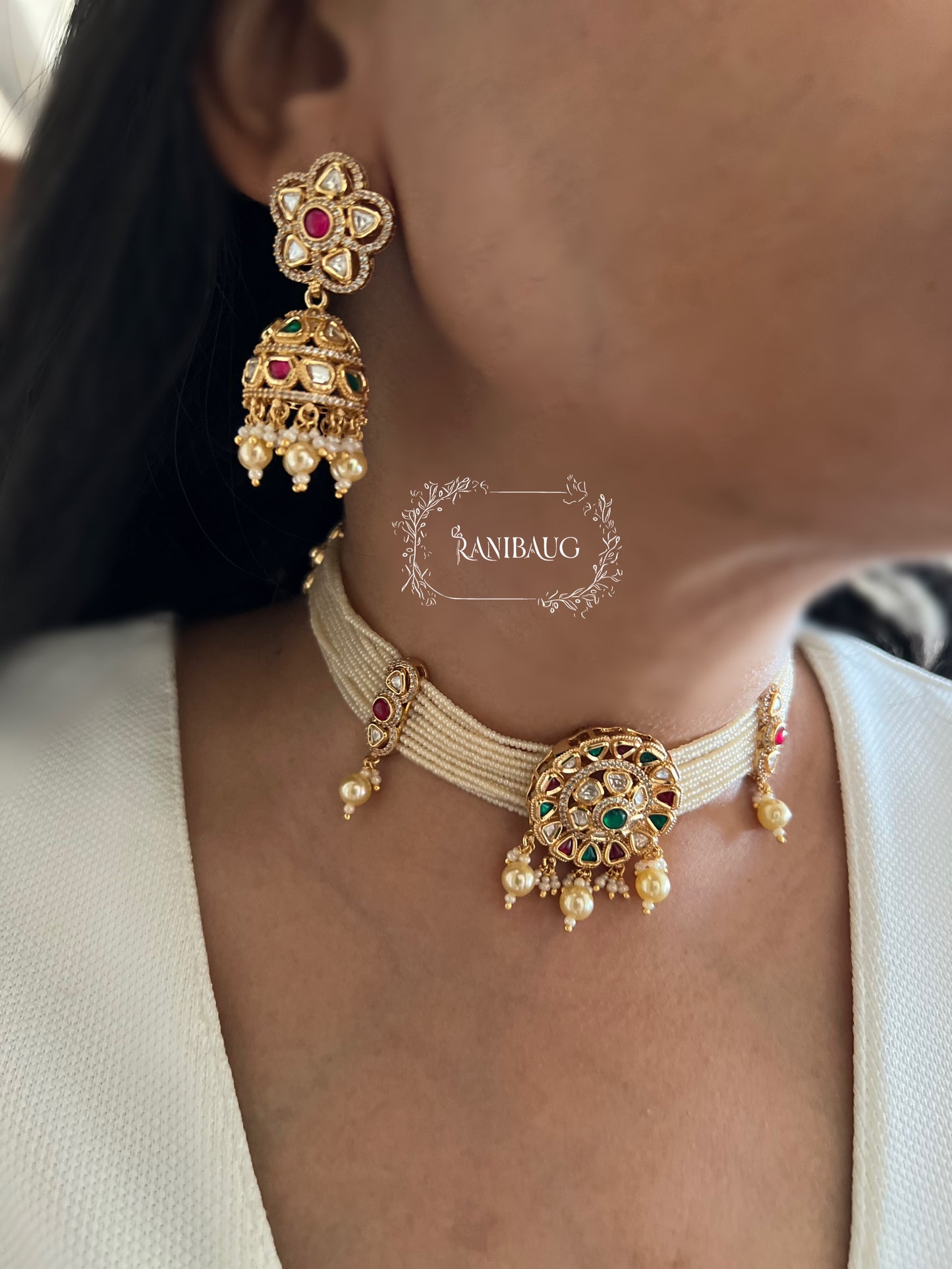 Aastha Gold Pearl Strand Kundan Studded Traditional Choker Set By Ranibaug