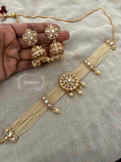 Aastha Gold Pearl Strand Kundan Studded Traditional Choker Set By Ranibaug