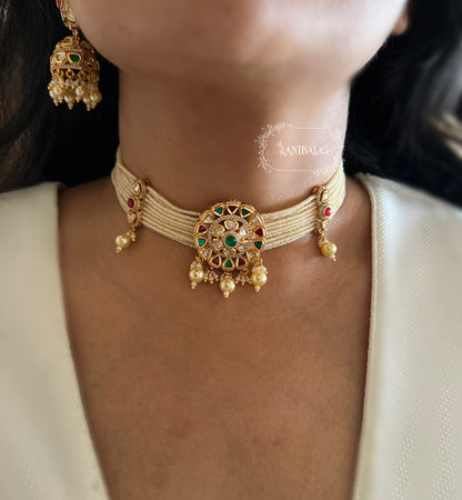 Aastha Gold Pearl Strand Kundan Studded Traditional Choker Set By Ranibaug