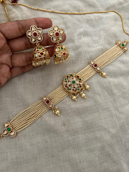 Aastha Gold Pearl Strand Kundan Studded Traditional Choker Set By Ranibaug