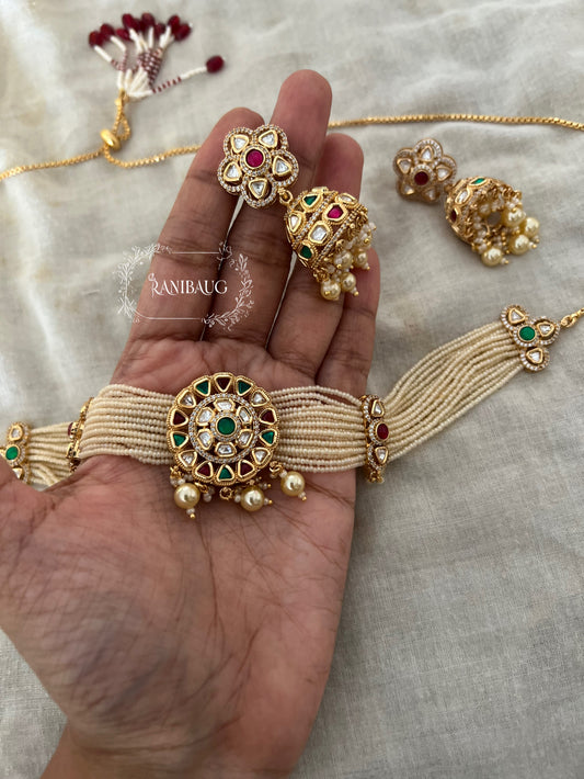Aastha Gold Pearl Strand Kundan Studded Traditional Choker Set By Ranibaug