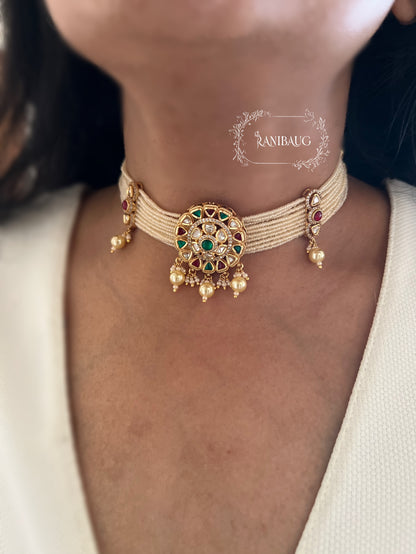 Aastha Gold Pearl Strand Kundan Studded Traditional Choker Set By Ranibaug