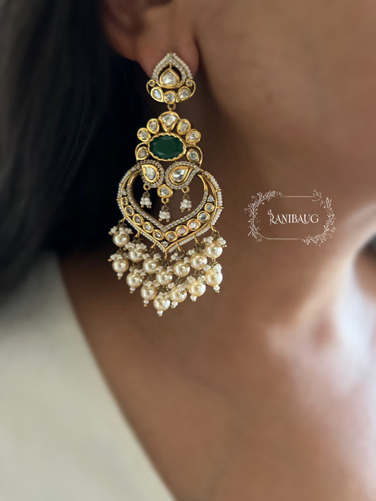 Aavya Gold Tone Royal Emerald Pearl Kundan Polki Earrings By Ranibaug
