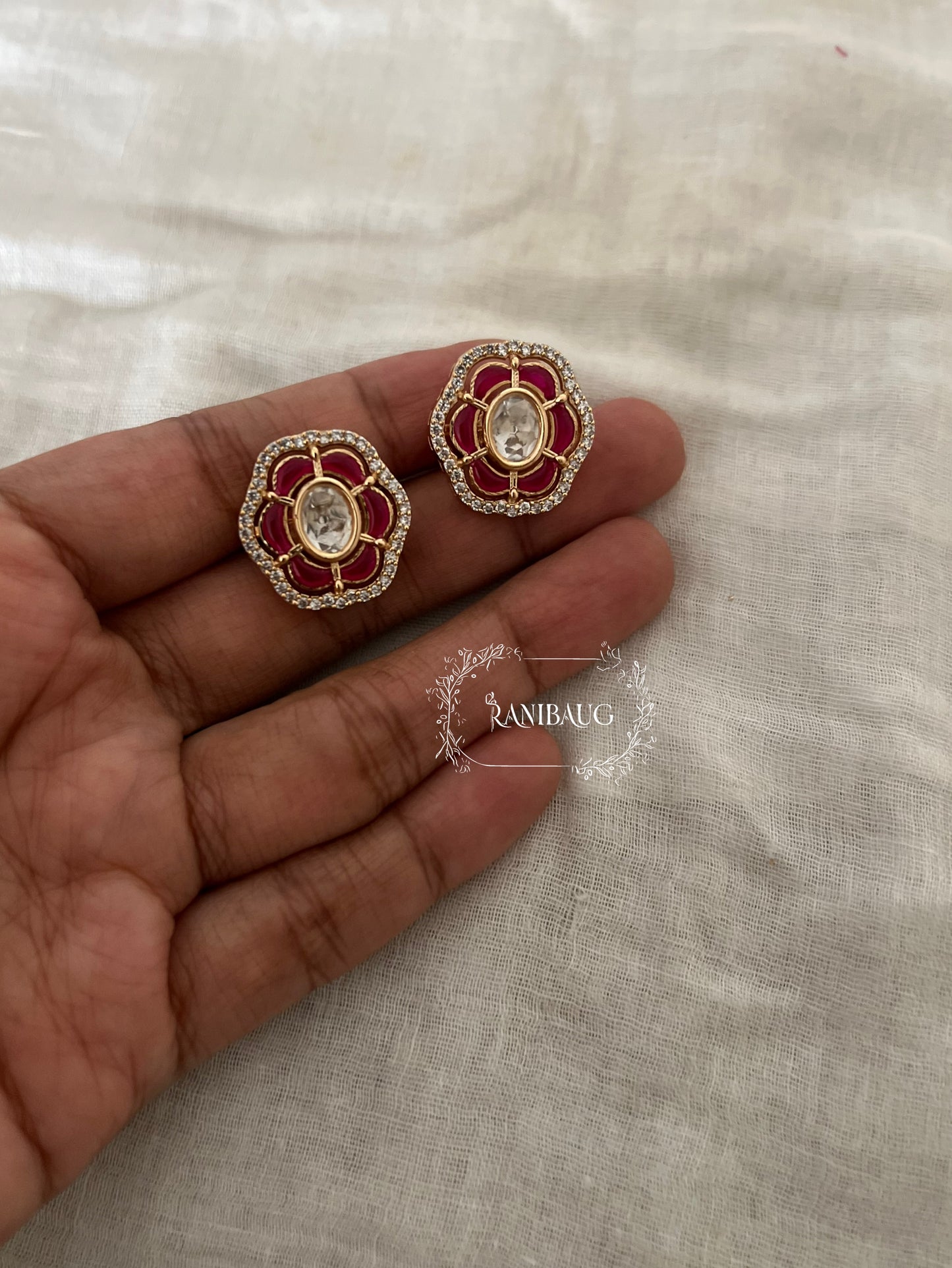 Aavyana Polki Floral Multi Colored Gold Finish Classic Ear Studs By Ranibaug