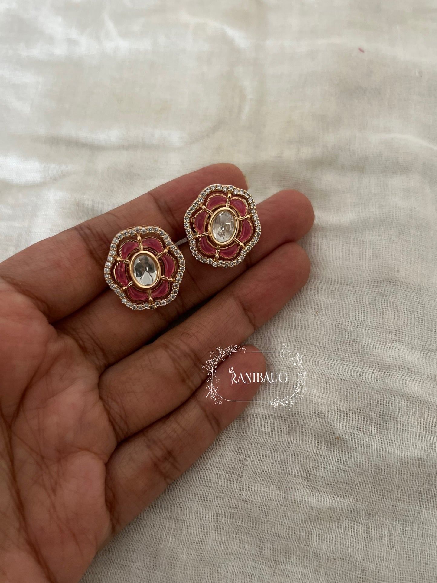 Aavyana Polki Floral Multi Colored Gold Finish Classic Ear Studs By Ranibaug