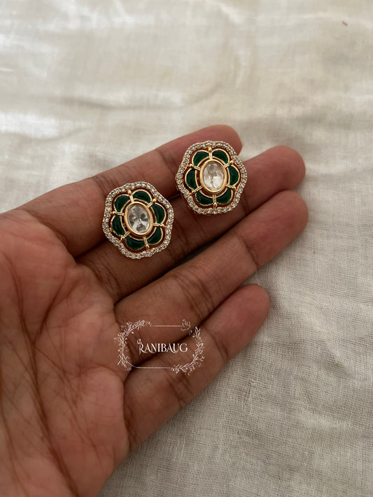 Aavyana Polki Floral Multi Colored Gold Finish Classic Ear Studs By Ranibaug