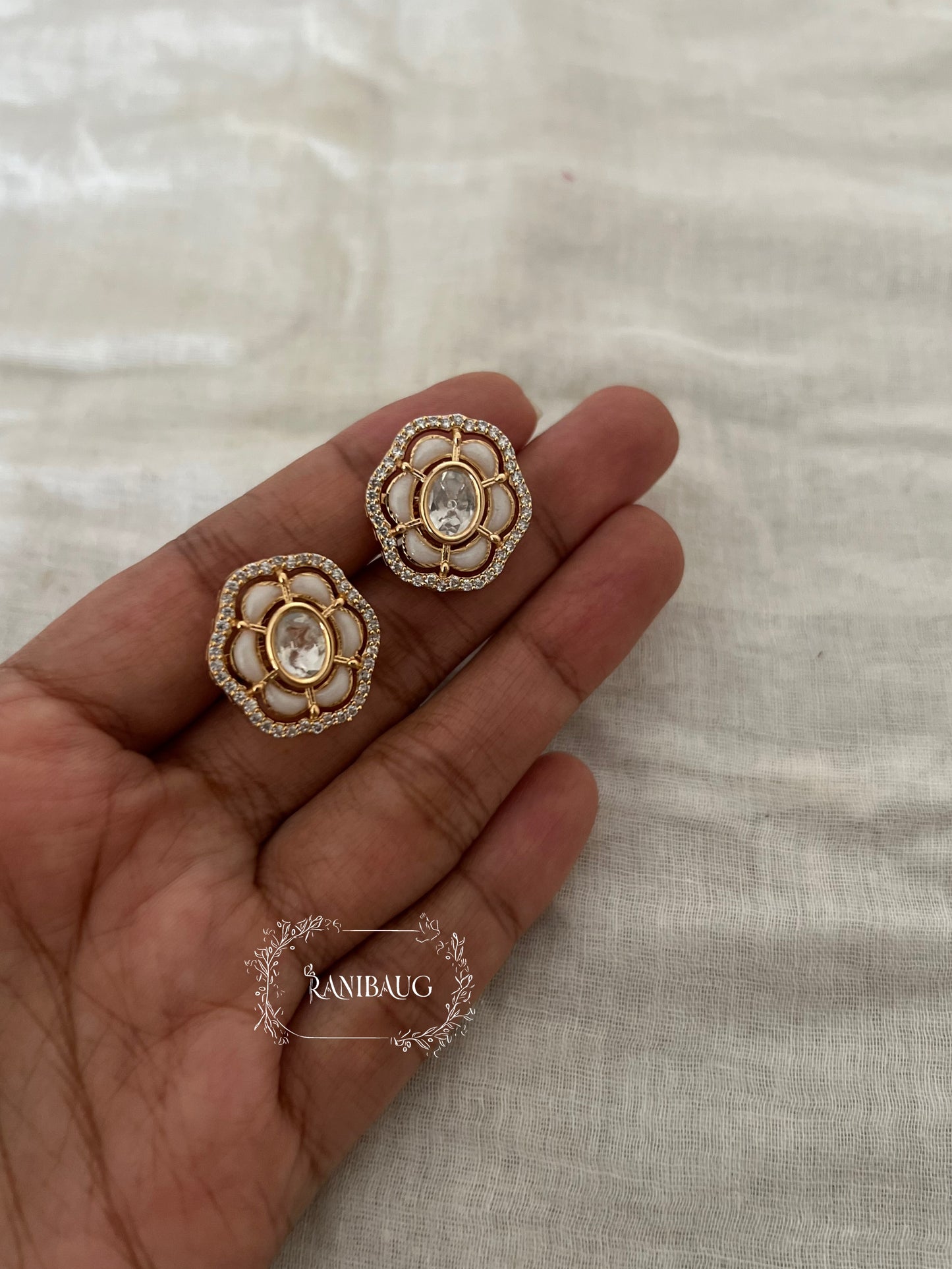 Aavyana Polki Floral Multi Colored Gold Finish Classic Ear Studs By Ranibaug