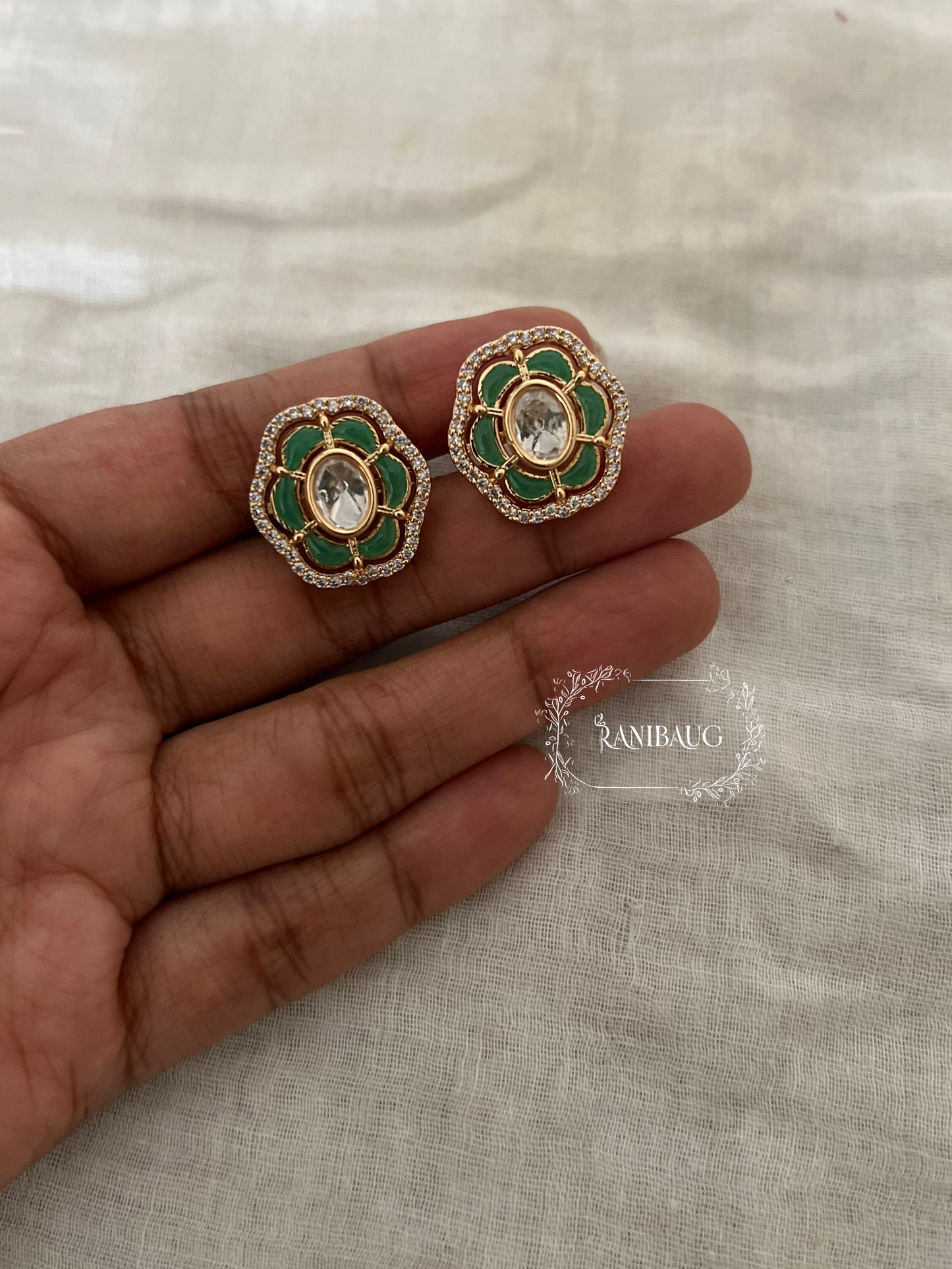 Aavyana Polki Floral Multi Colored Gold Finish Classic Ear Studs By Ranibaug