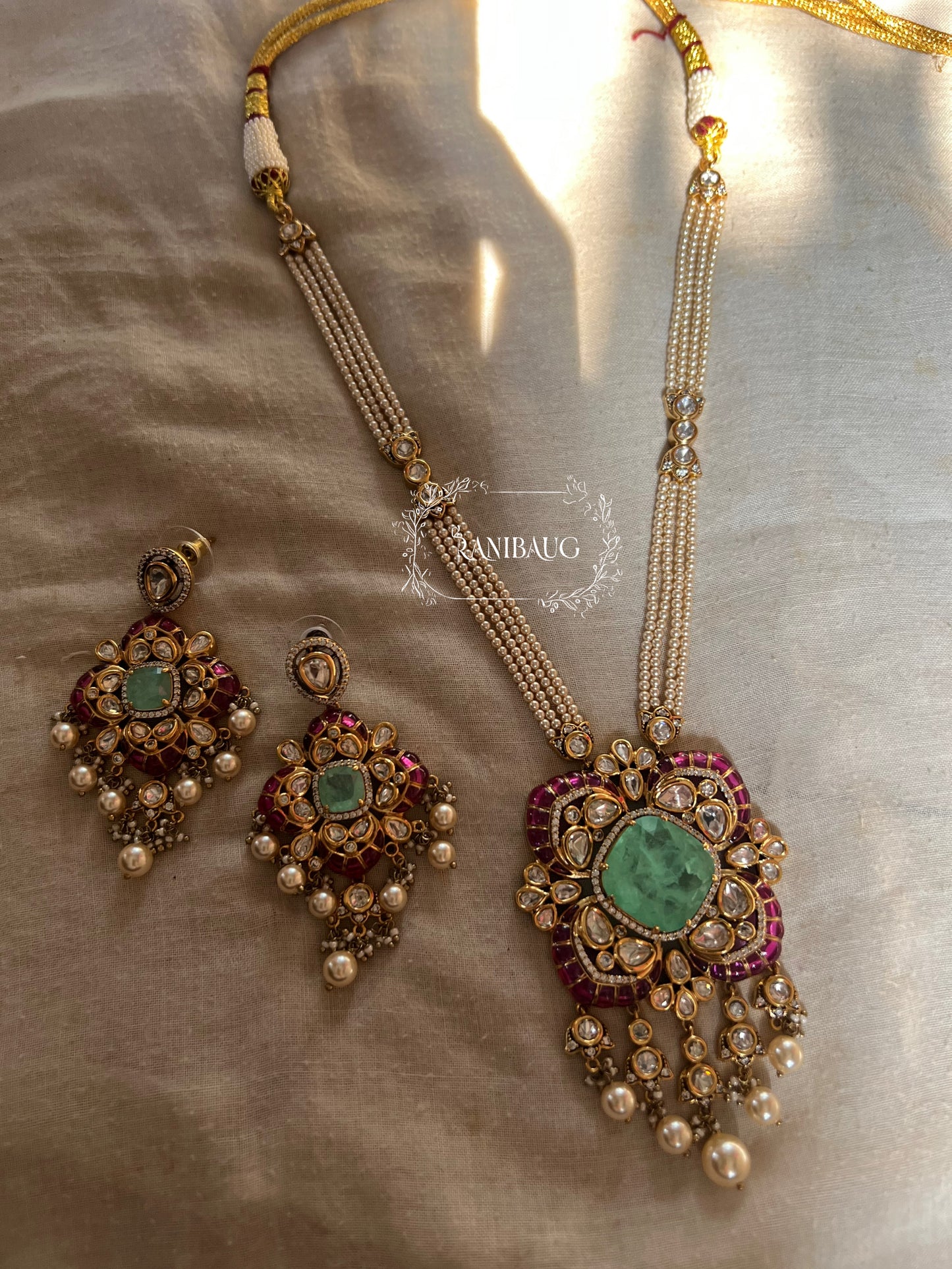 Abha Neel Gold Finish Polki Studded Pearl Fringe Festive Long Necklace Jewelry Set By Ranibaug