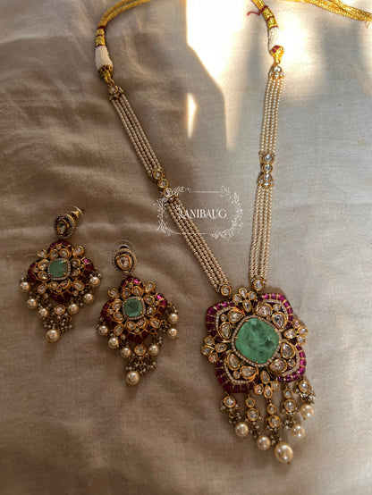 Abha Neel Gold Finish Polki Studded Pearl Fringe Festive Long Necklace Jewelry Set By Ranibaug