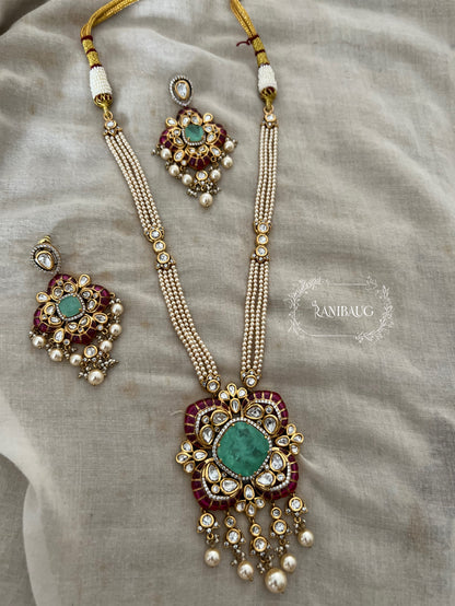 Abha Neel Gold Finish Polki Studded Pearl Fringe Festive Long Necklace Jewelry Set By Ranibaug