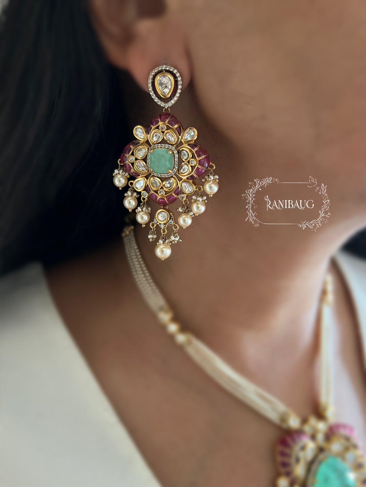 Abha Neel Gold Finish Polki Studded Pearl Fringe Festive Long Necklace Jewelry Set By Ranibaug