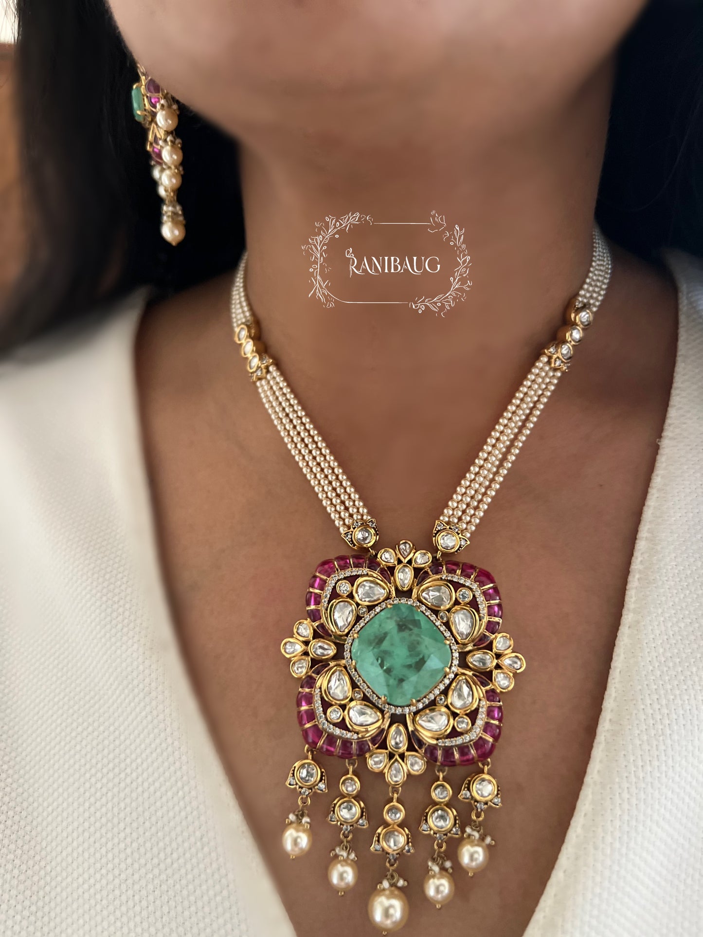 Abha Neel Gold Finish Polki Studded Pearl Fringe Festive Long Necklace Jewelry Set By Ranibaug