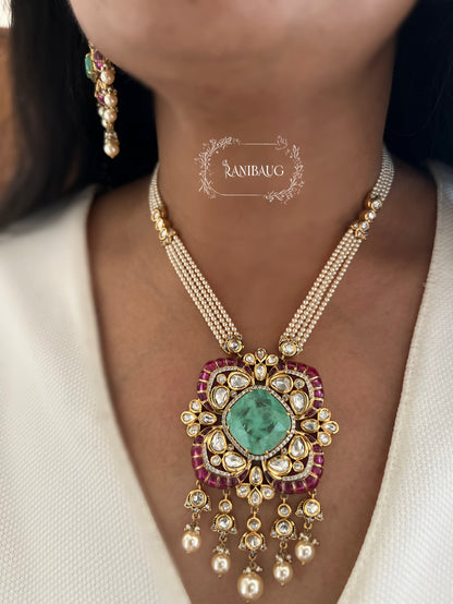 Abha Neel Gold Finish Polki Studded Pearl Fringe Festive Long Necklace Jewelry Set By Ranibaug