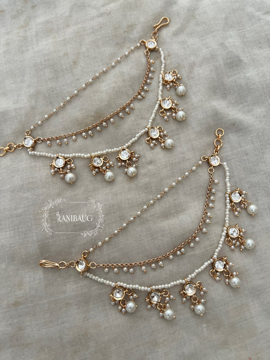 Abroo Pearl Adorned In Rich Gold Finish Polki And Pearl Fringe Drops Ear Chain Jewelry By Ranibaug