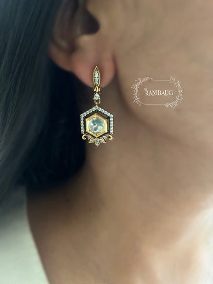 Adhira Hexagonal Polki Drop Earrings | Gold-Plated Kundan Jewelry By Ranibaug