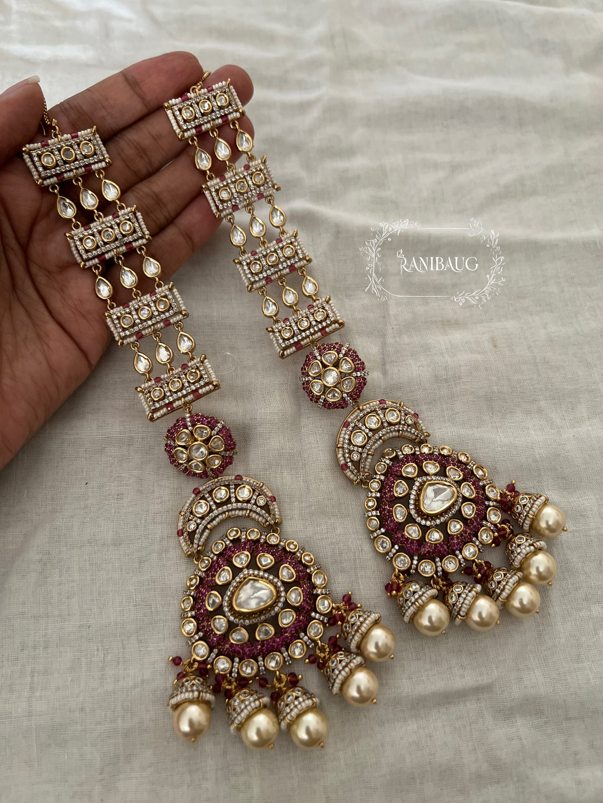 Advita Long Kundan Pearl Royal Hair Chain Chandbali Earrings By Ranibaug