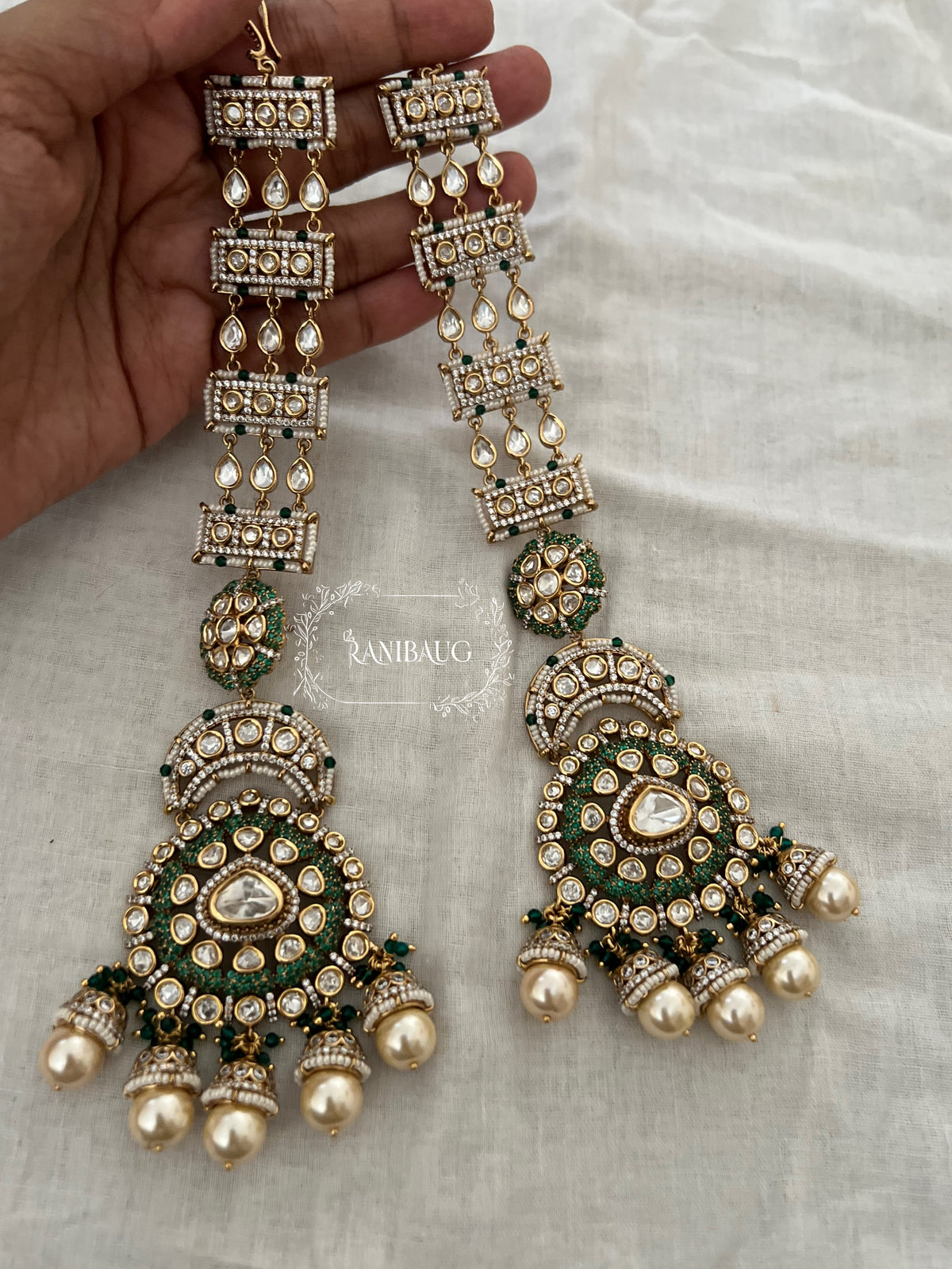 Advita Long Kundan Pearl Royal Hair Chain Chandbali Earrings By Ranibaug
