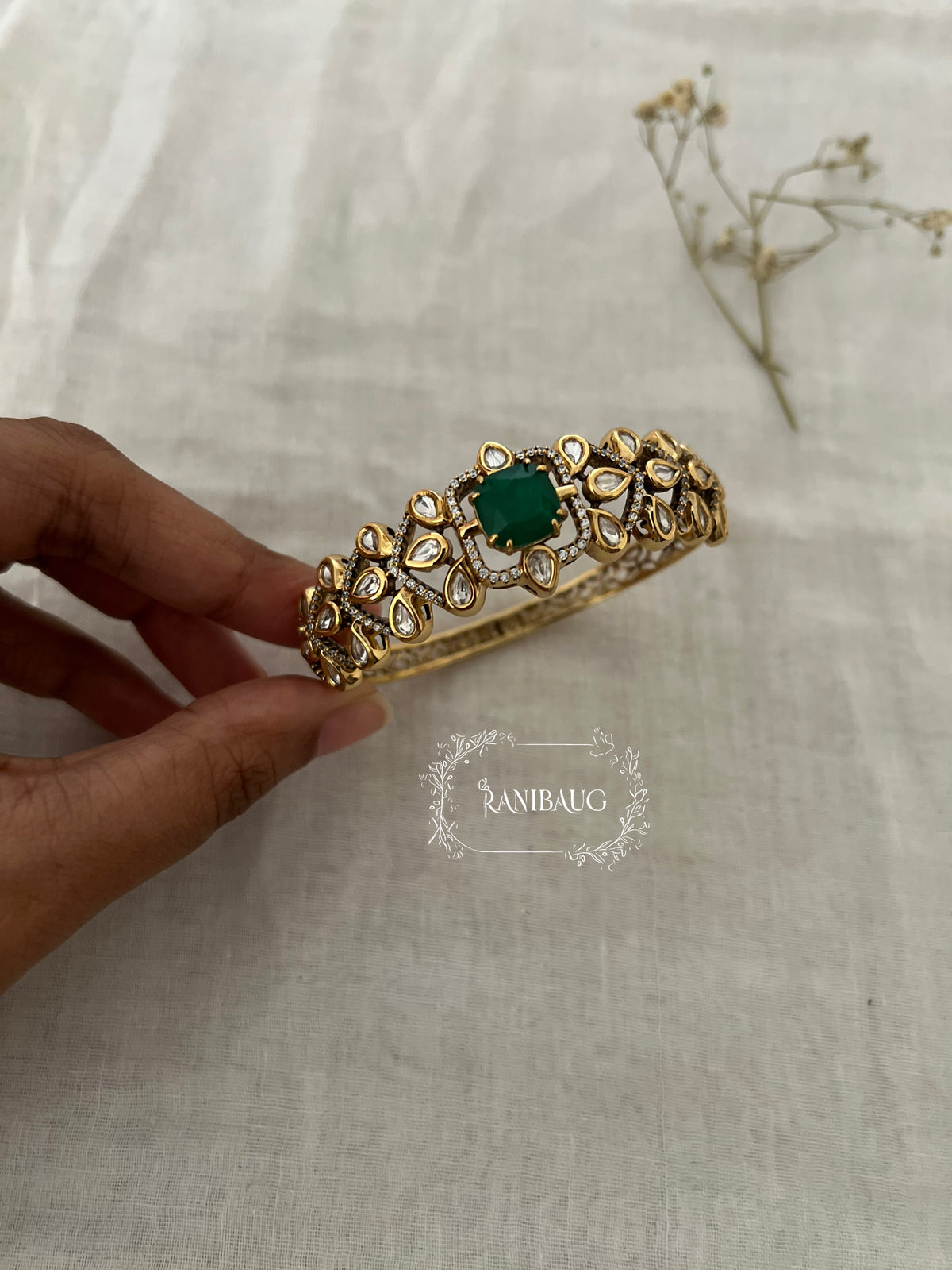 Ahana Gemstone Motif Teardrop Kundan In Rich Gold Outline Designer Festive Bracelet By Ranibaug
