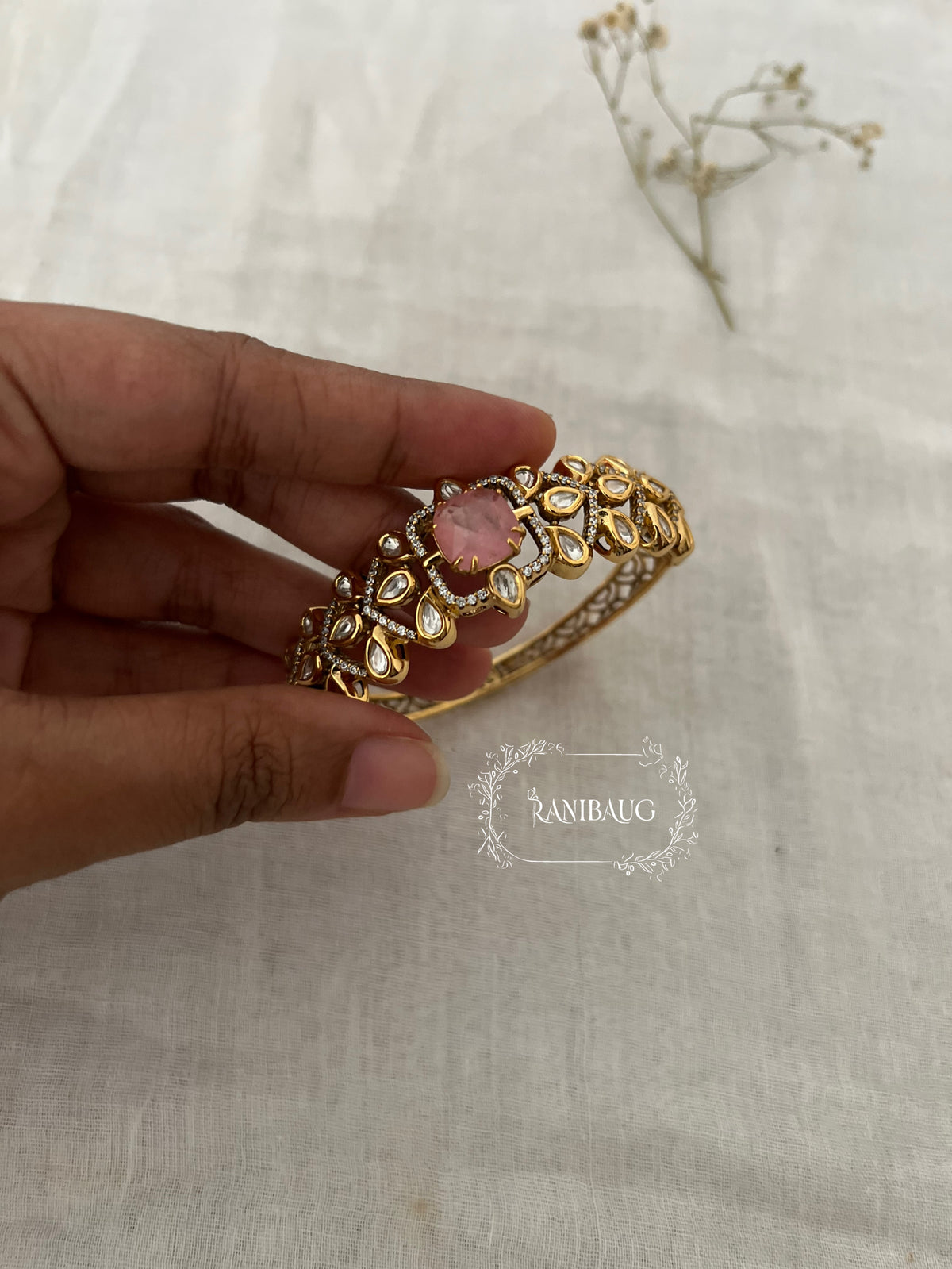 Ahana Gemstone Motif Teardrop Kundan In Rich Gold Outline Designer Festive Bracelet By Ranibaug
