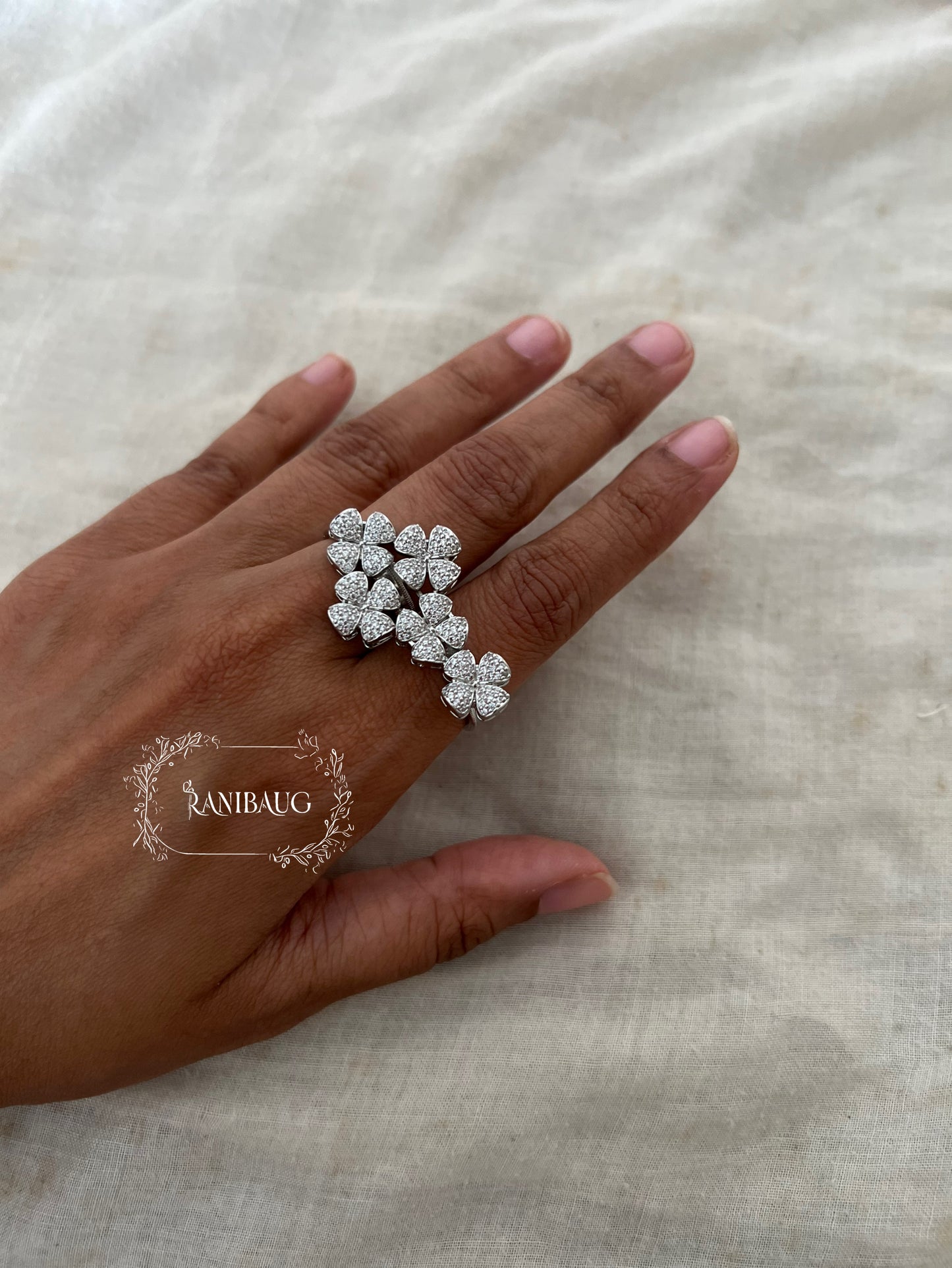 Aisha Floral Bloom Luxe Diamond Dual Finger Ring Jewelry By Ranibaug