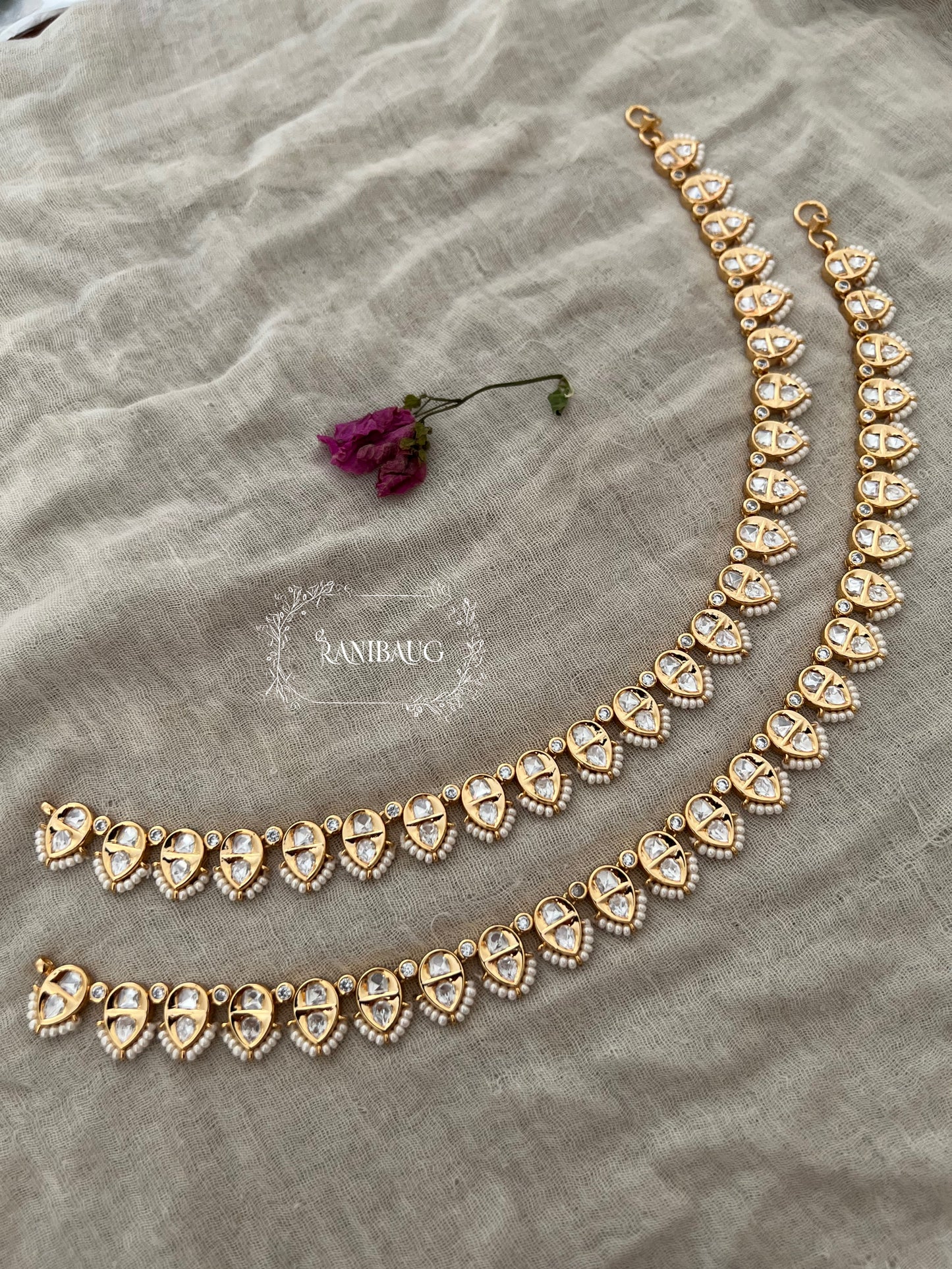 Ajab Gold Fiinish Kundan And Seed Pearl Teardrop Motif Anklet Bracelet By Ranibaug