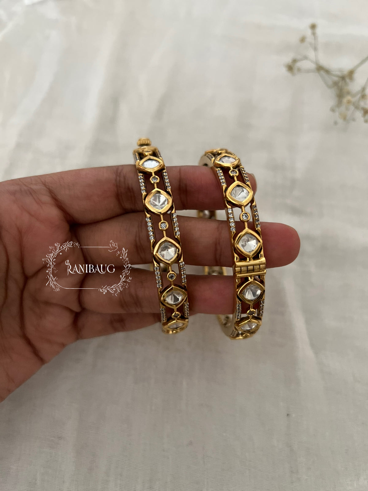 Akshara Kundan Gold Finish Geometric Link Design Bangle By Ranibaug