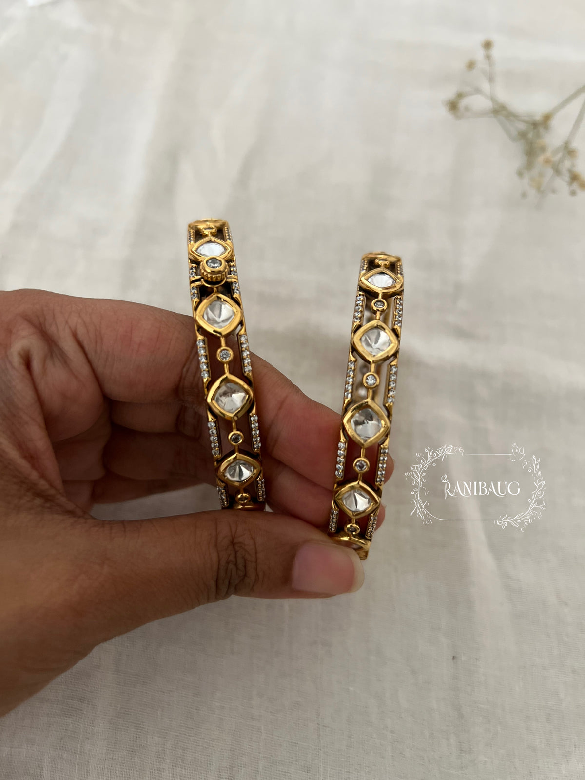 Akshara Kundan Gold Finish Geometric Link Design Bangle By Ranibaug